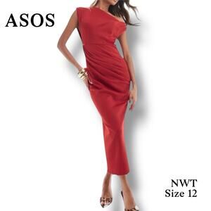 ASOS Asymmetric High-neck Minimalist Midi Cocktail Red Dress Sz 12 NWT